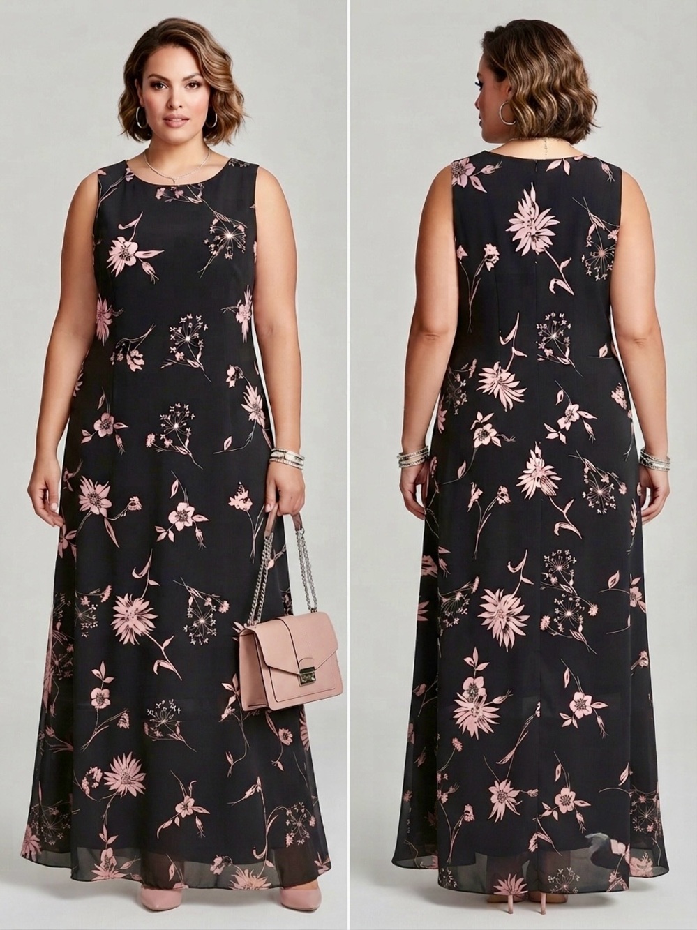 Vintage Studio Ease Black Floral Midi Dress Plus Size 16W Pink Floral Print